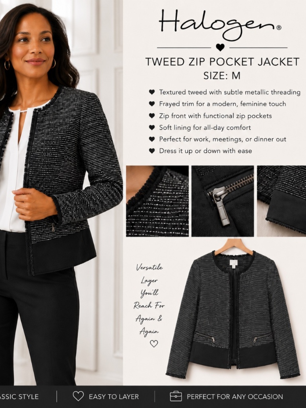 Halogen Tweed Zip Pocket Jacket | Nordstrom | Size M | Excellent Used Condition
